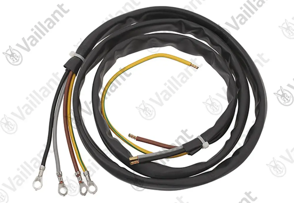 Kabelbaum von Vaillant mit mehreren Kabeln und Anschlüssen, unter anderem in Schwarz, Braun, Grau und Gelb, für elektrische Verbindungen in Heizsystemen.